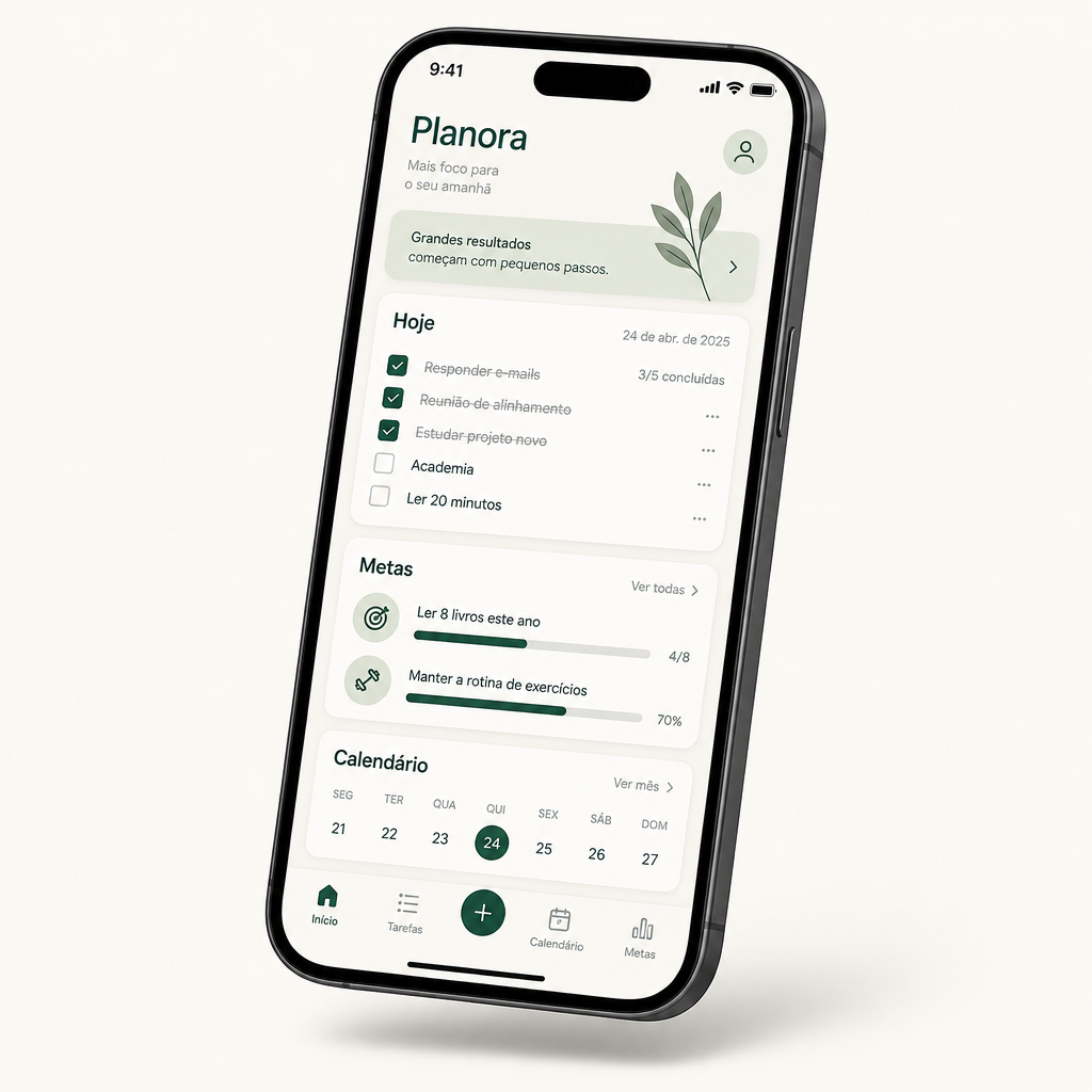 Aplicativo Planora com tarefas do dia, metas e calendário
