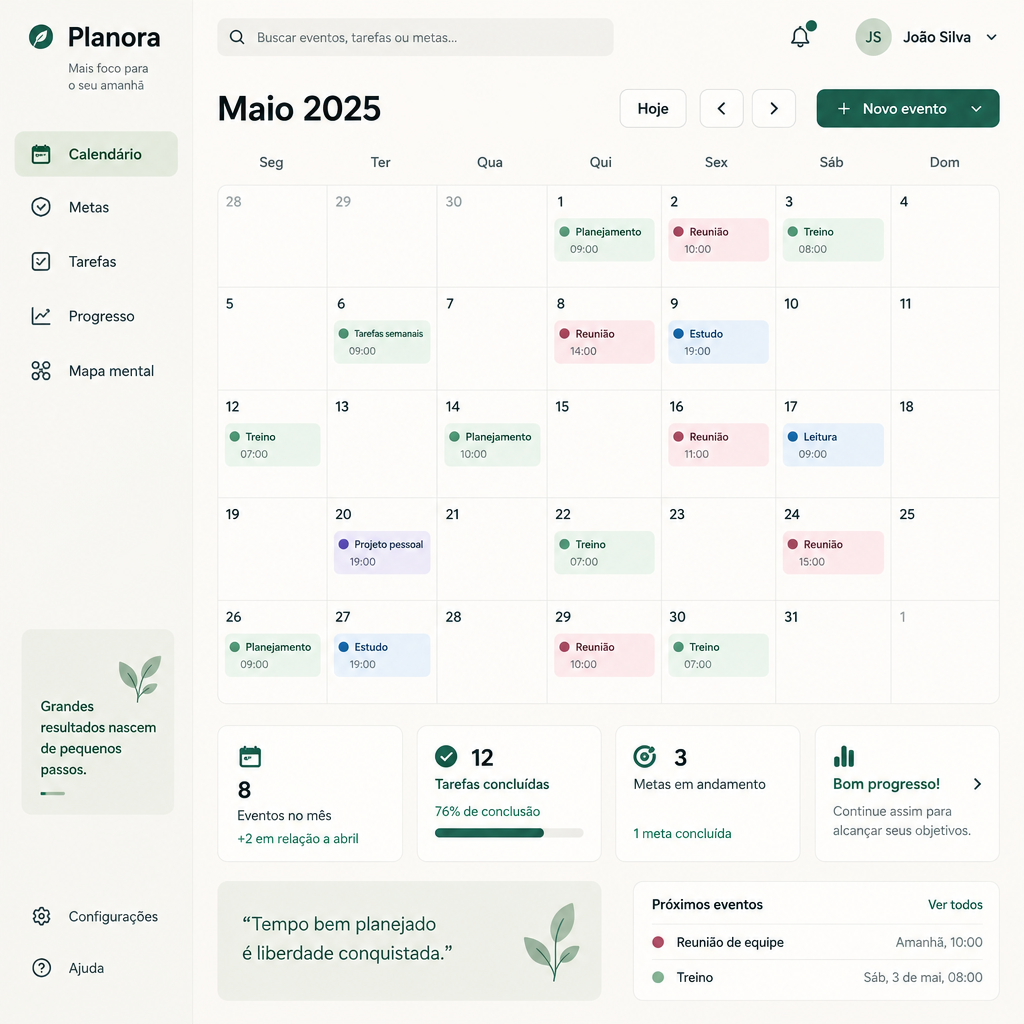 Calendário do Planora com eventos do mês